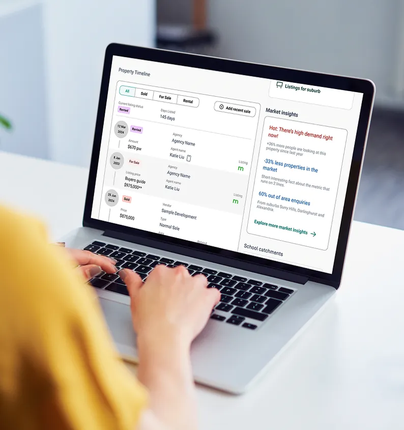 Person reviewing a property timeline and market insights on a laptop, including listing history, rental prices, and local demand trends.
