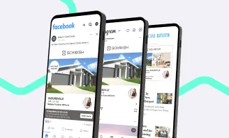 Property listing promoted across Facebook, Instagram, and domain platforms shown on three smartphones.
