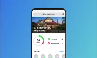 Smartphone displaying interest insights for a property at 27 Elizabeth St, Milperinka, with engagement stats and user icons.