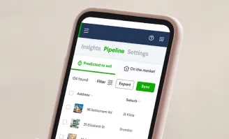Mobile screen showing real estate app interface with property pipeline and sale prediction tools.